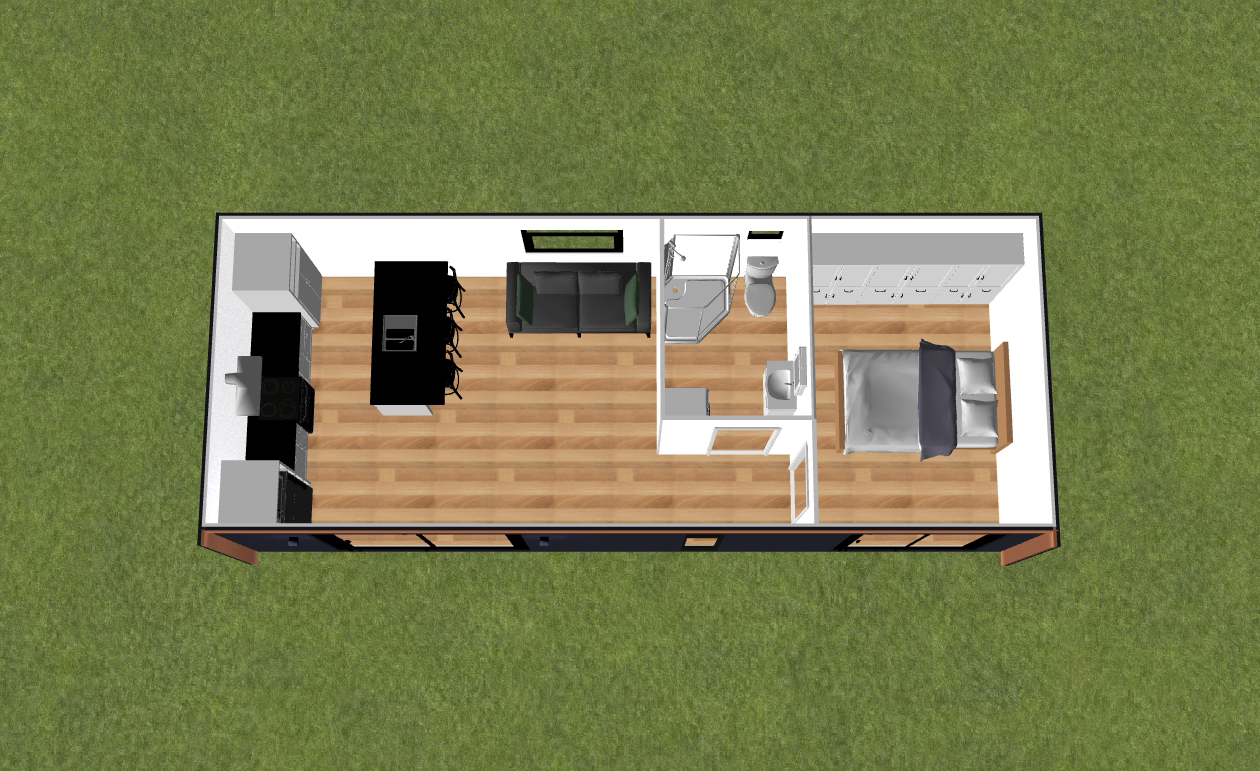 1 Bedroom 9.6m x 3.6m central bath - Final Design - Birds eye view