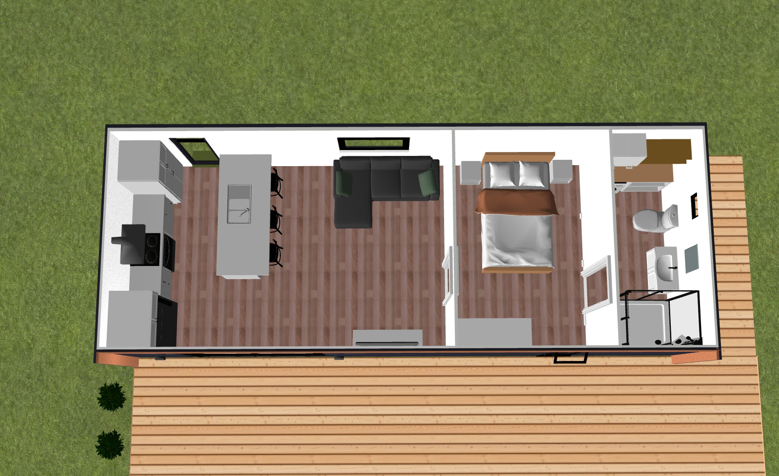 1 Bedroom Deluxe 9.6m x 3.6m - Furnished with bathroom, kitchen + island, Laundry - Top view